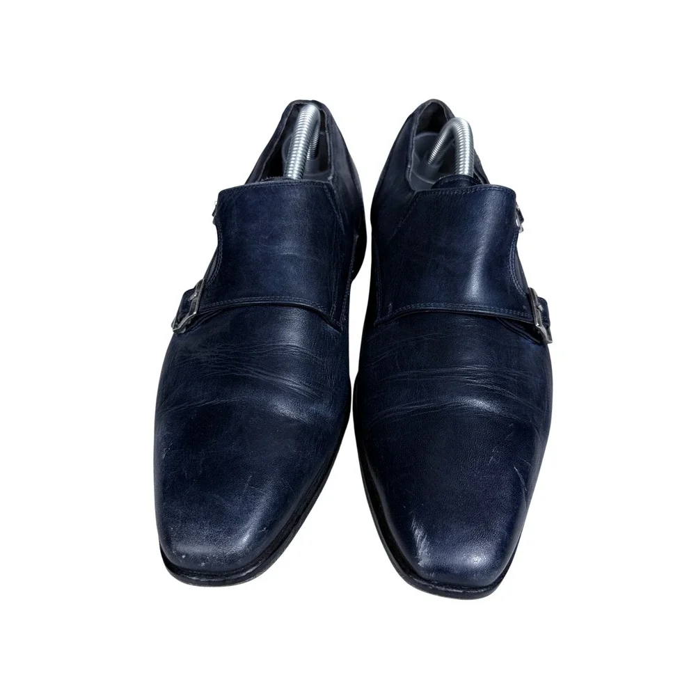 Thompson Double Monk Strap Shoes Mens 42 Navy Blue Leather Blake Italy 6713
